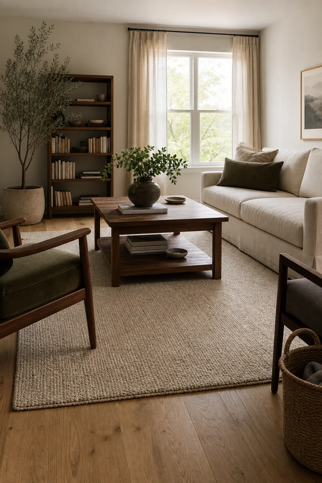 Cozy living room grounded by a textured beige area rug