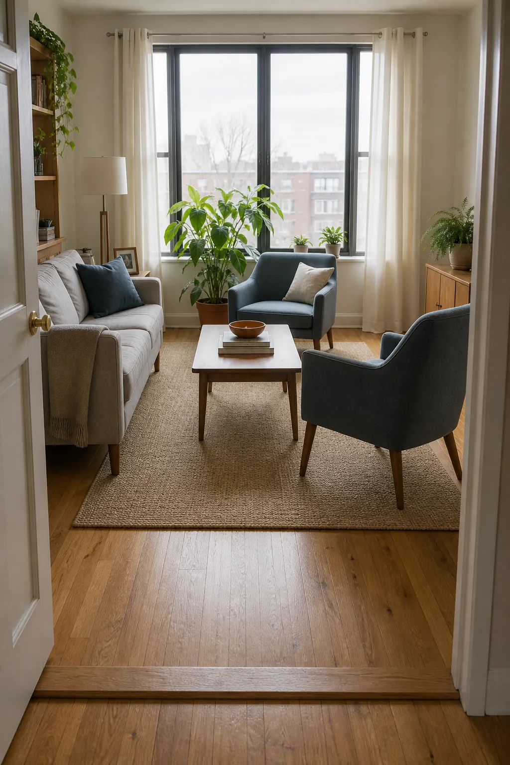Large beige rug anchoring sofa and chair front legs