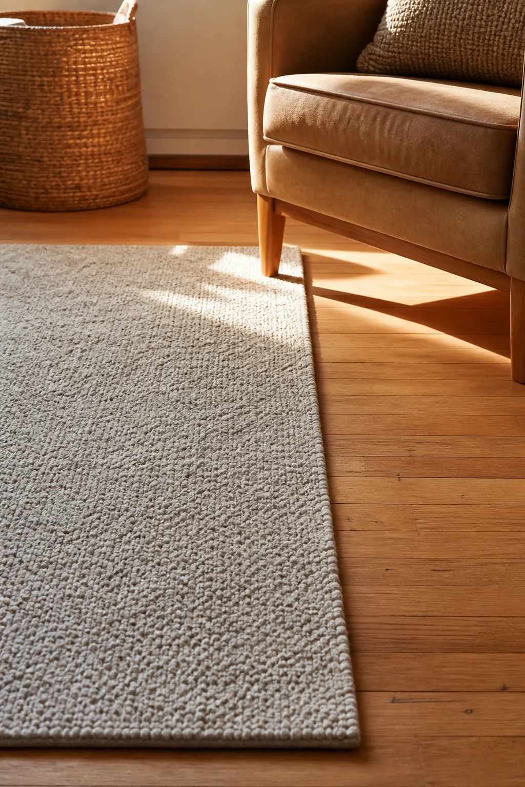 Warm beige rug coordinated with natural oak flooring
