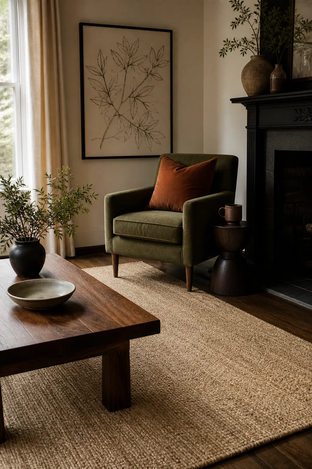 Beige living room rug styled with walnut and olive accents