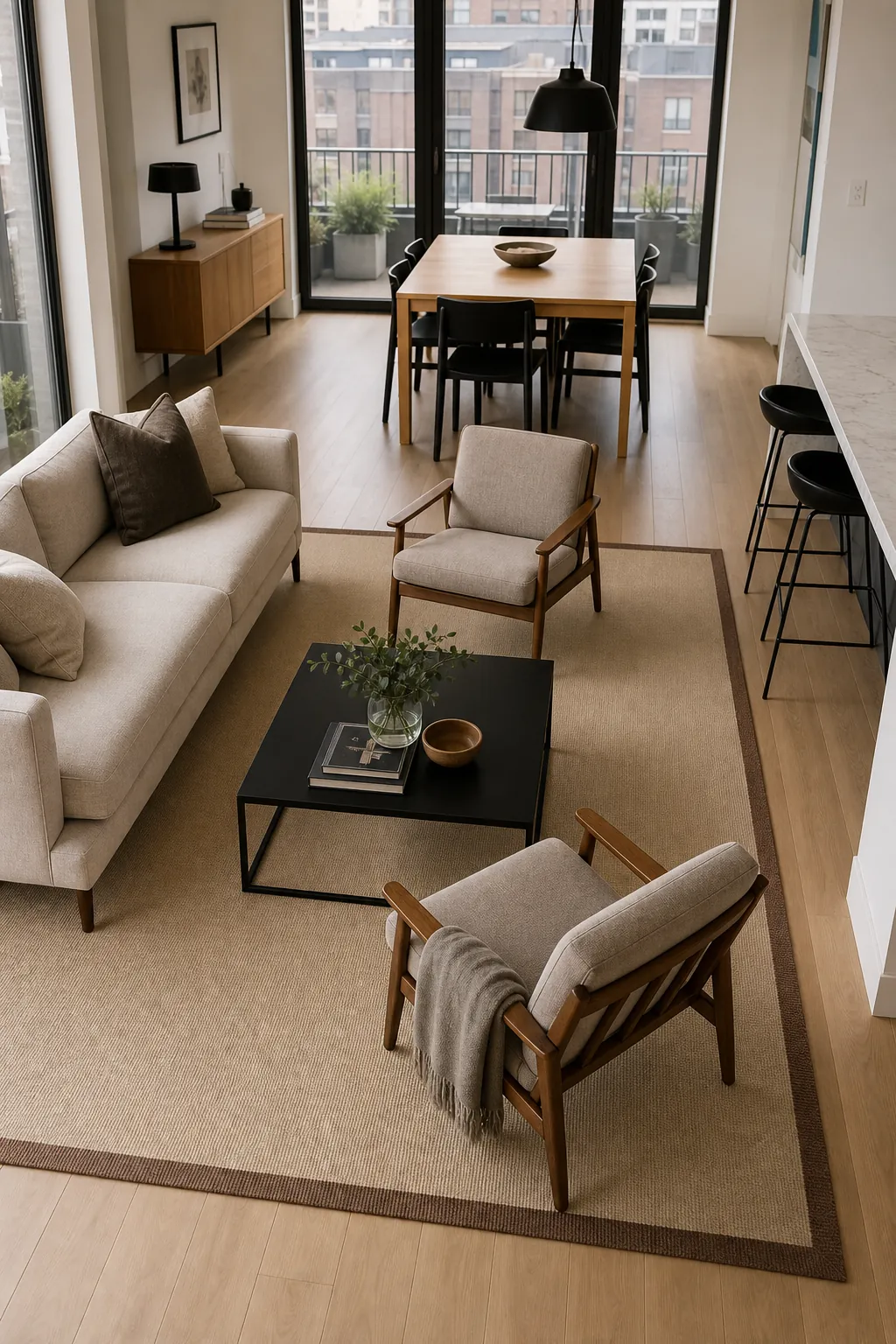 Subtle bordered beige rug defining an open living area