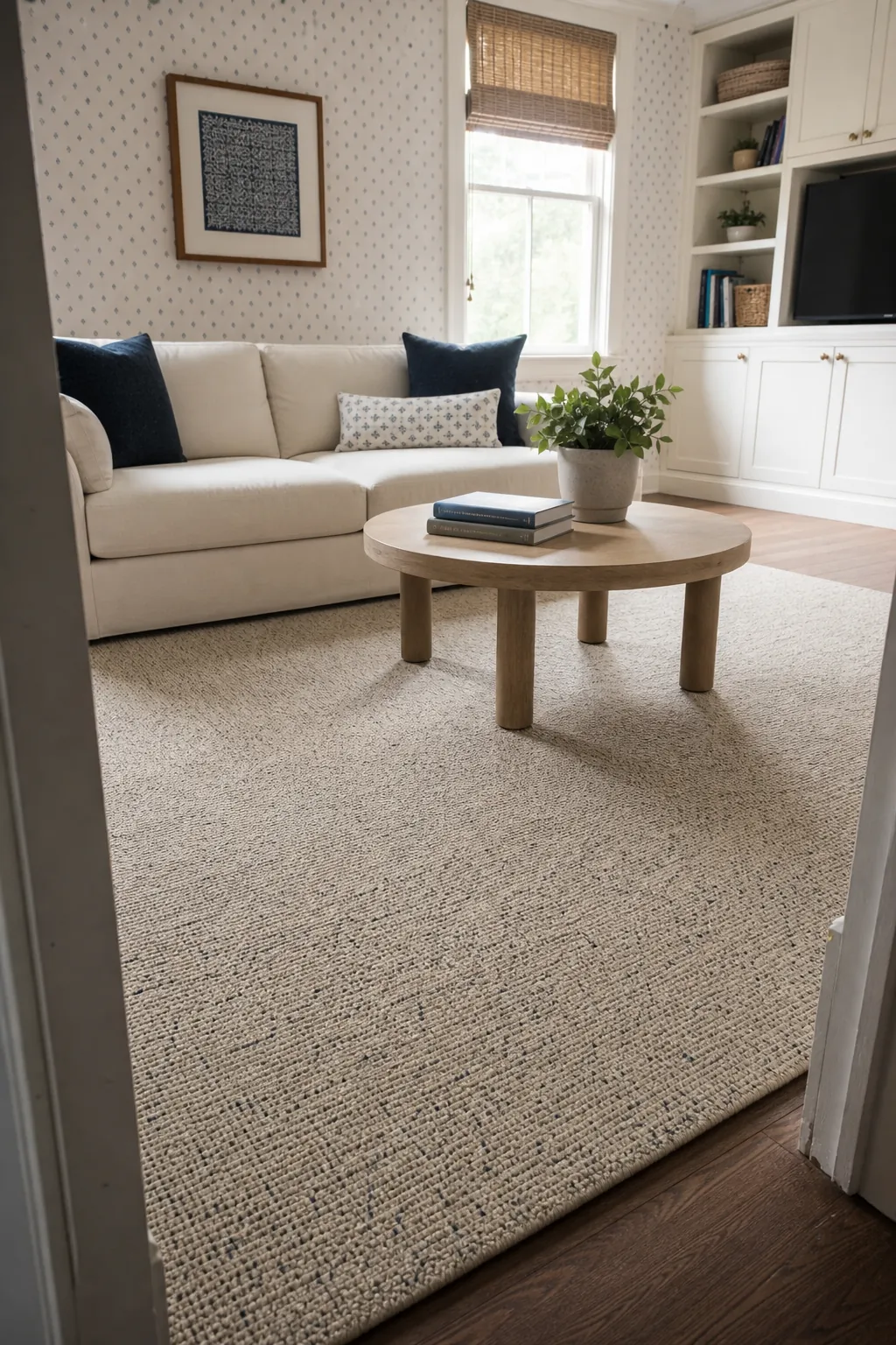 Practical low-pile beige rug in a family living room