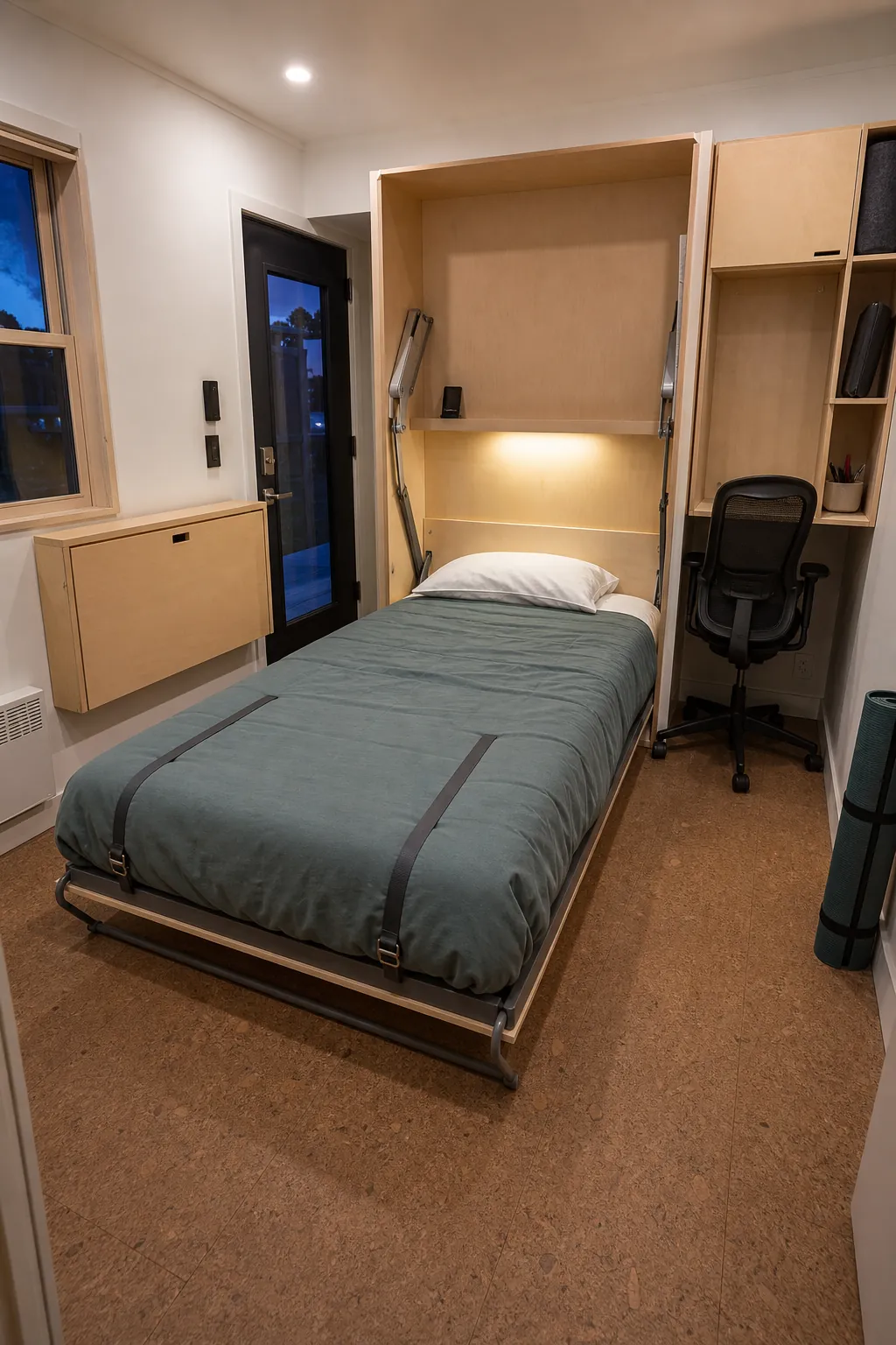 Main-floor Murphy bed sharing space with a compact tiny house office