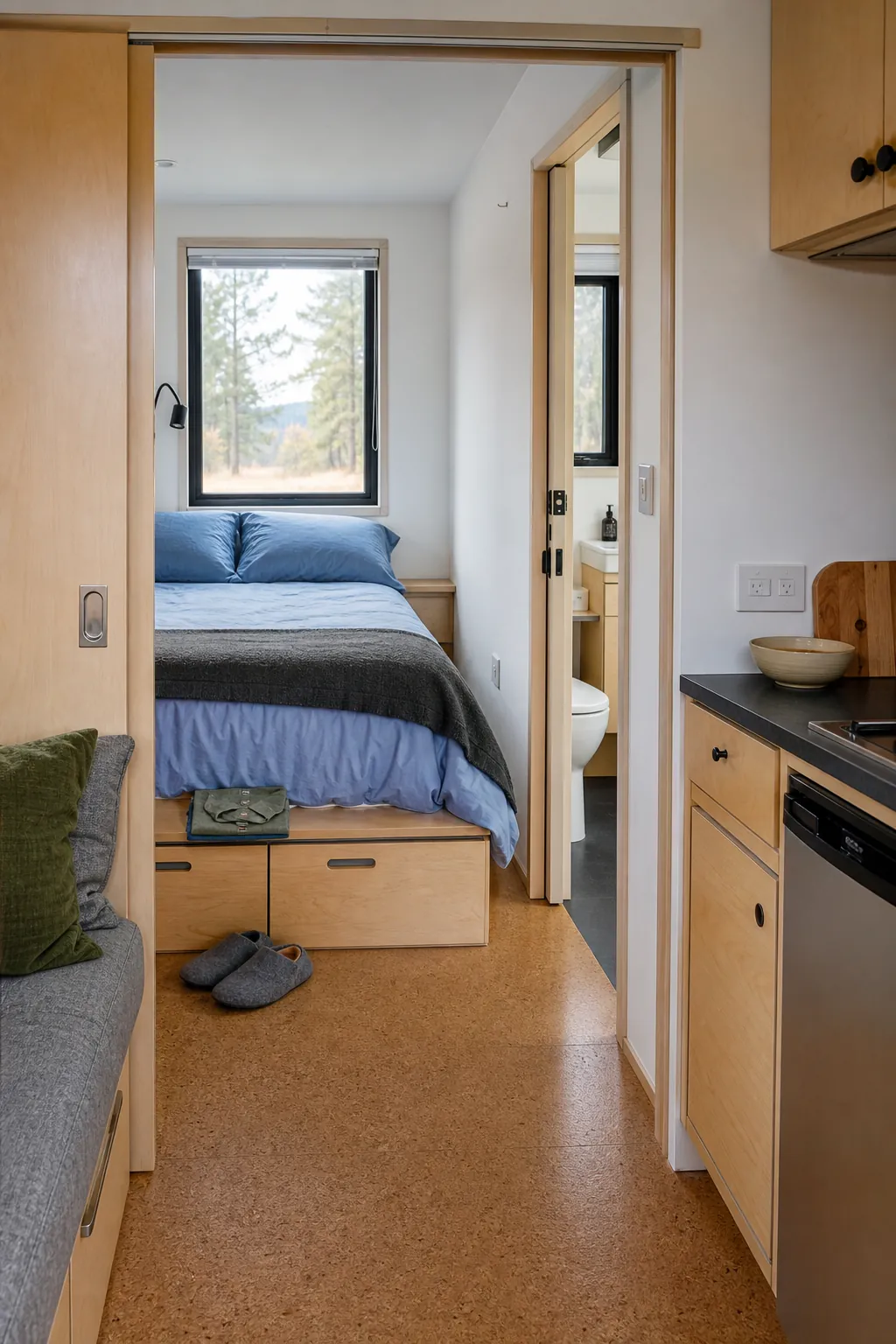 Tiny house interior with a comfortable private downstairs sleeping area