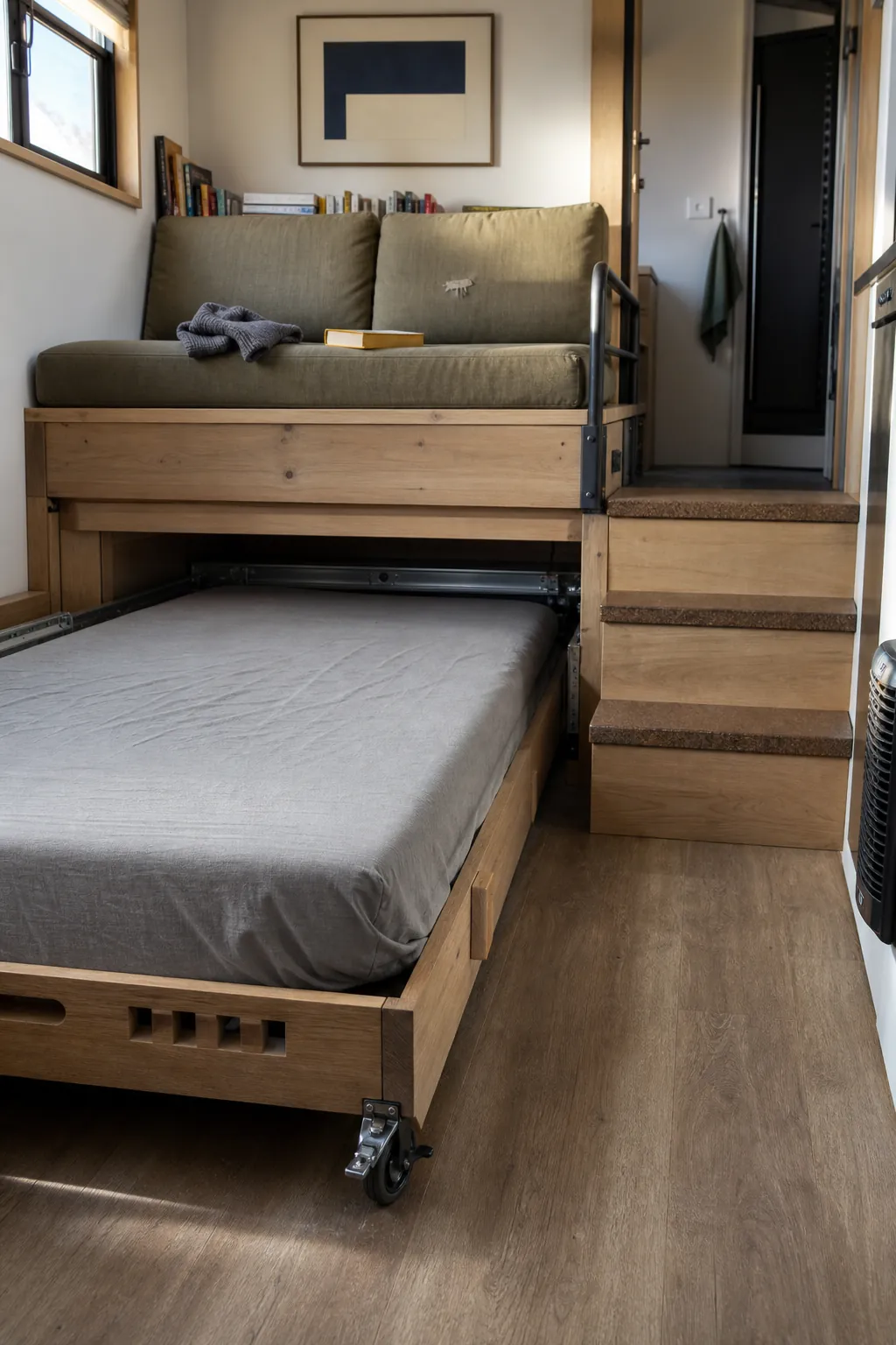 Pull-out downstairs bed beneath a raised tiny house living platform