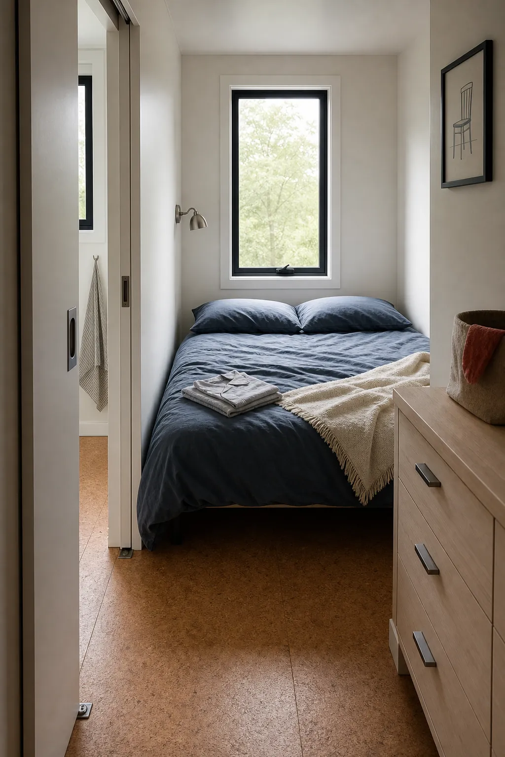 Private rear downstairs bedroom in a practical tiny house layout