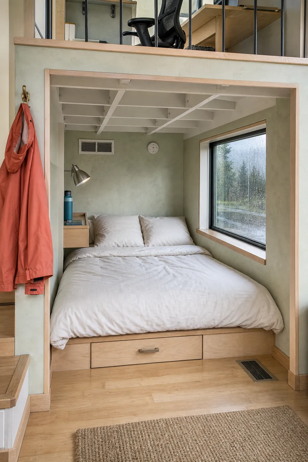 Bright downstairs sleeping nook below a compact half-level workspace