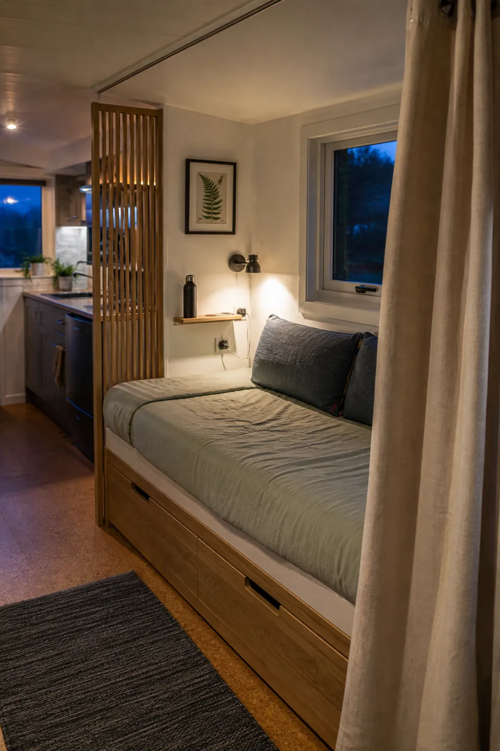 Daybed defining a private bedroom zone in a small tiny house interior
