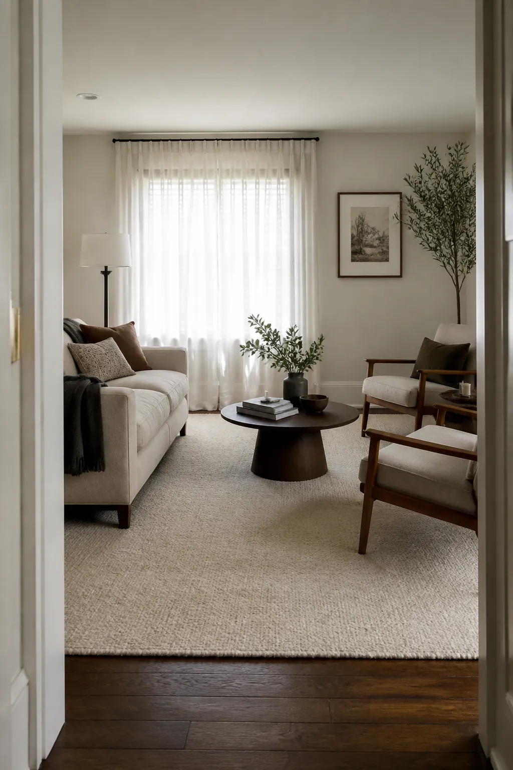 Large cream rug anchoring neutral living room seating