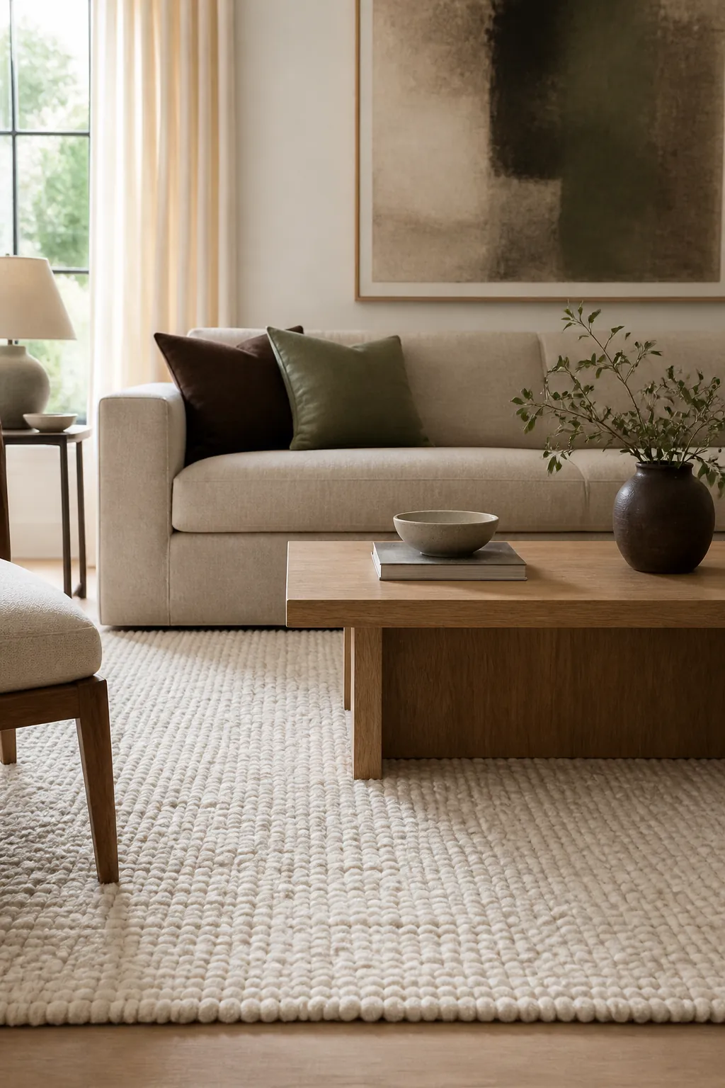 Soft neutral room with a textured cream rug and natural wood