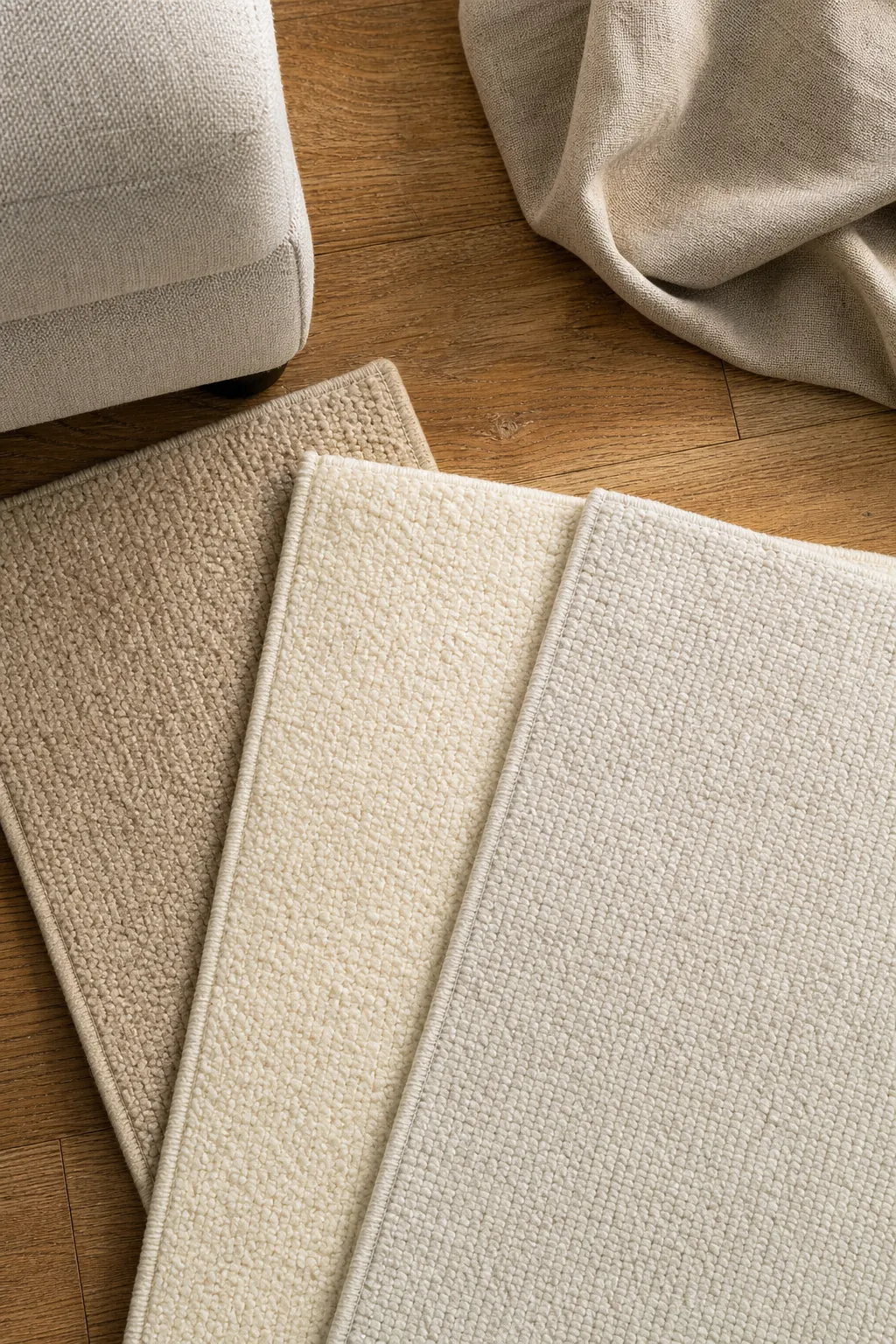 Cream rug undertones compared beside oak flooring
