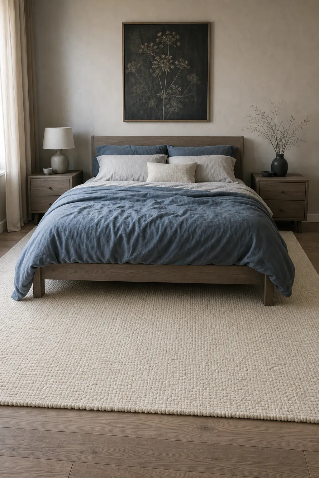 Cream rug extending beyond a neutral bedroom bed