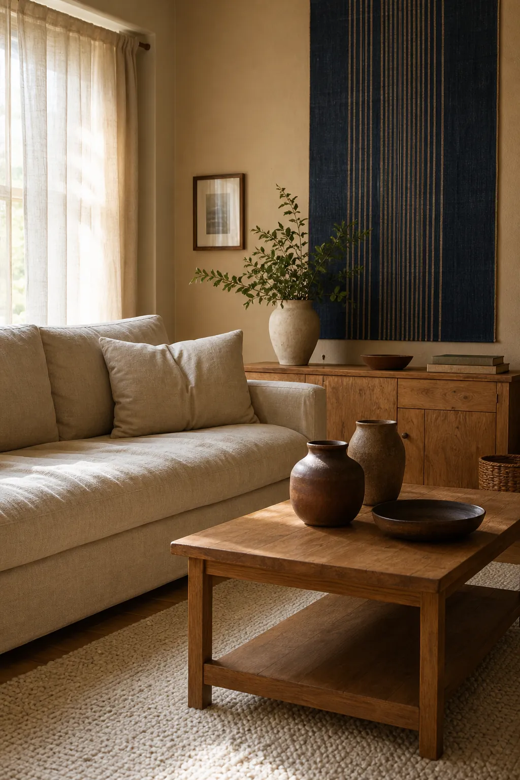 Cream rug styled with flax linen and natural wood