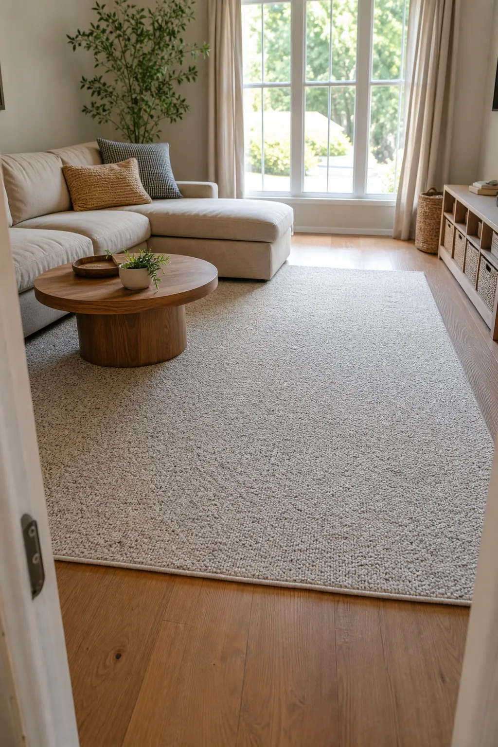 Practical flecked cream rug in a daily-use neutral room