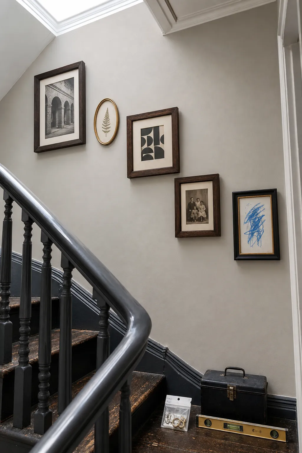 Mixed vintage frames unified by dark wood and aged brass details
