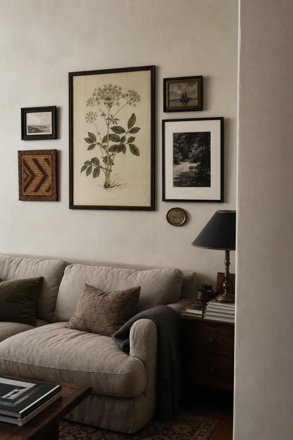 Relaxed vintage wall decor in a modern lived-in living room