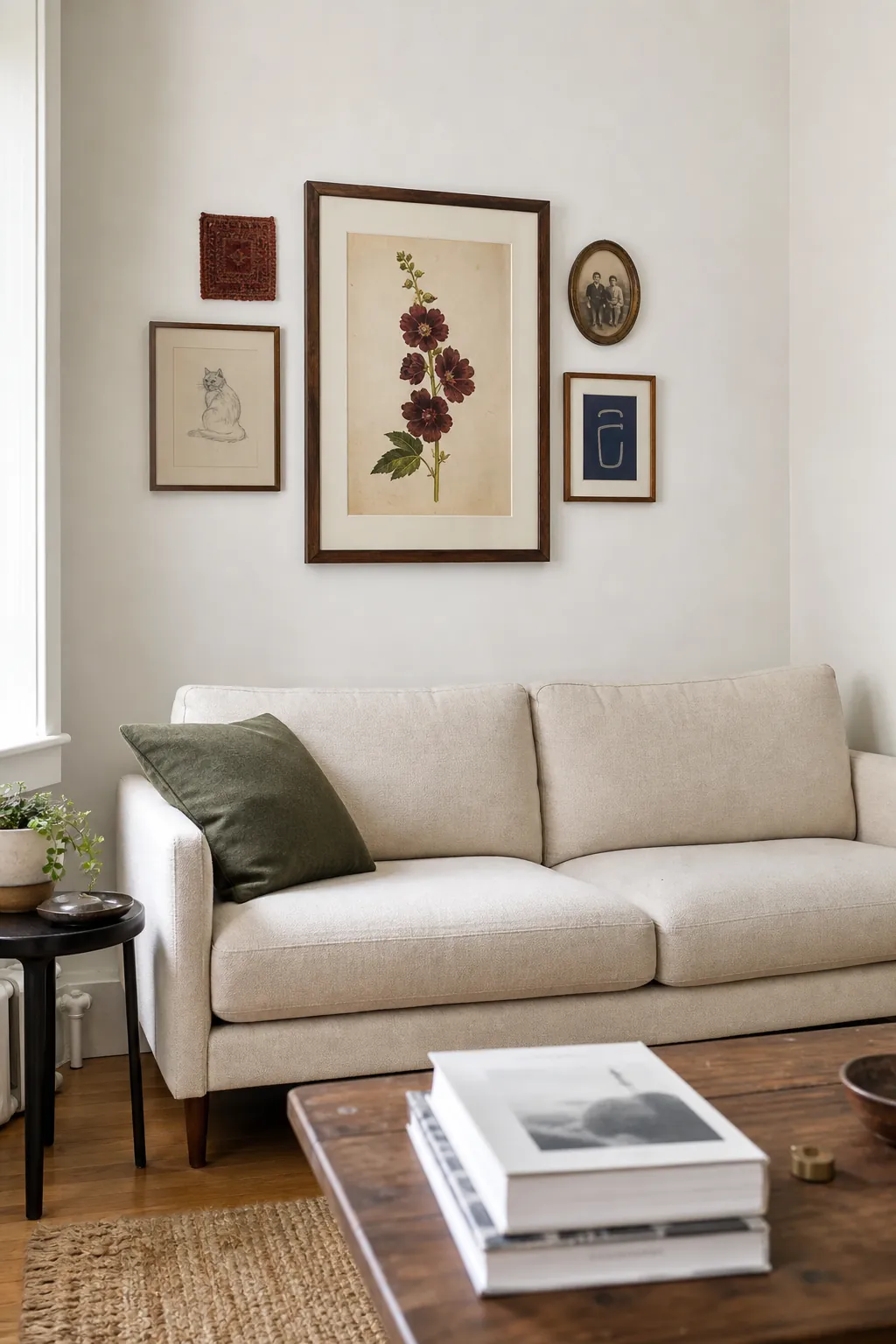 Vintage wall display built around one large botanical anchor piece