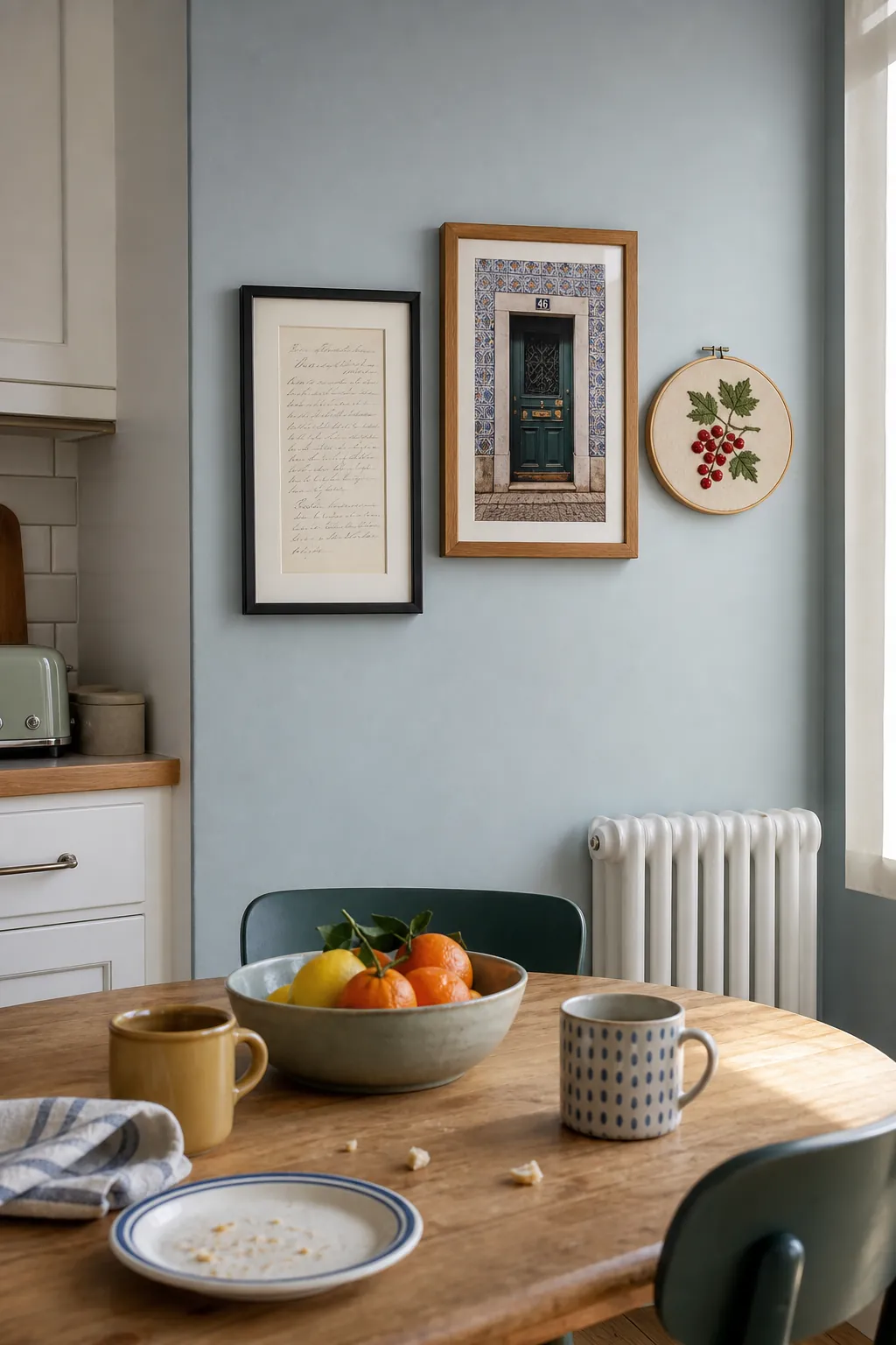 Personal vintage wall display with family recipe, travel photo, and embroidery