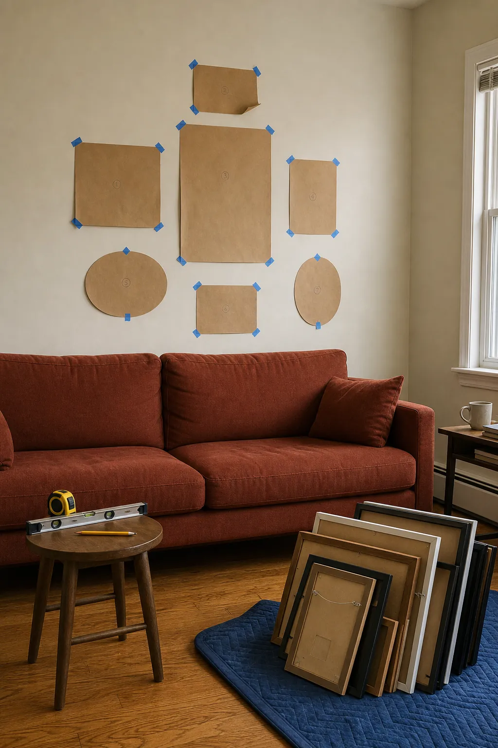 Kraft paper templates planning a vintage gallery wall above a sofa