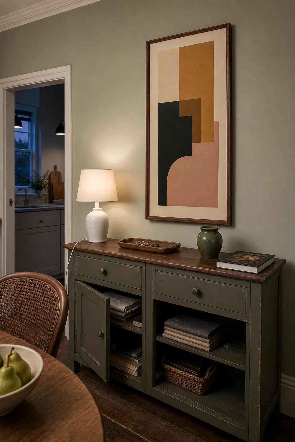 Vintage art hung at a comfortable height above a practical sideboard