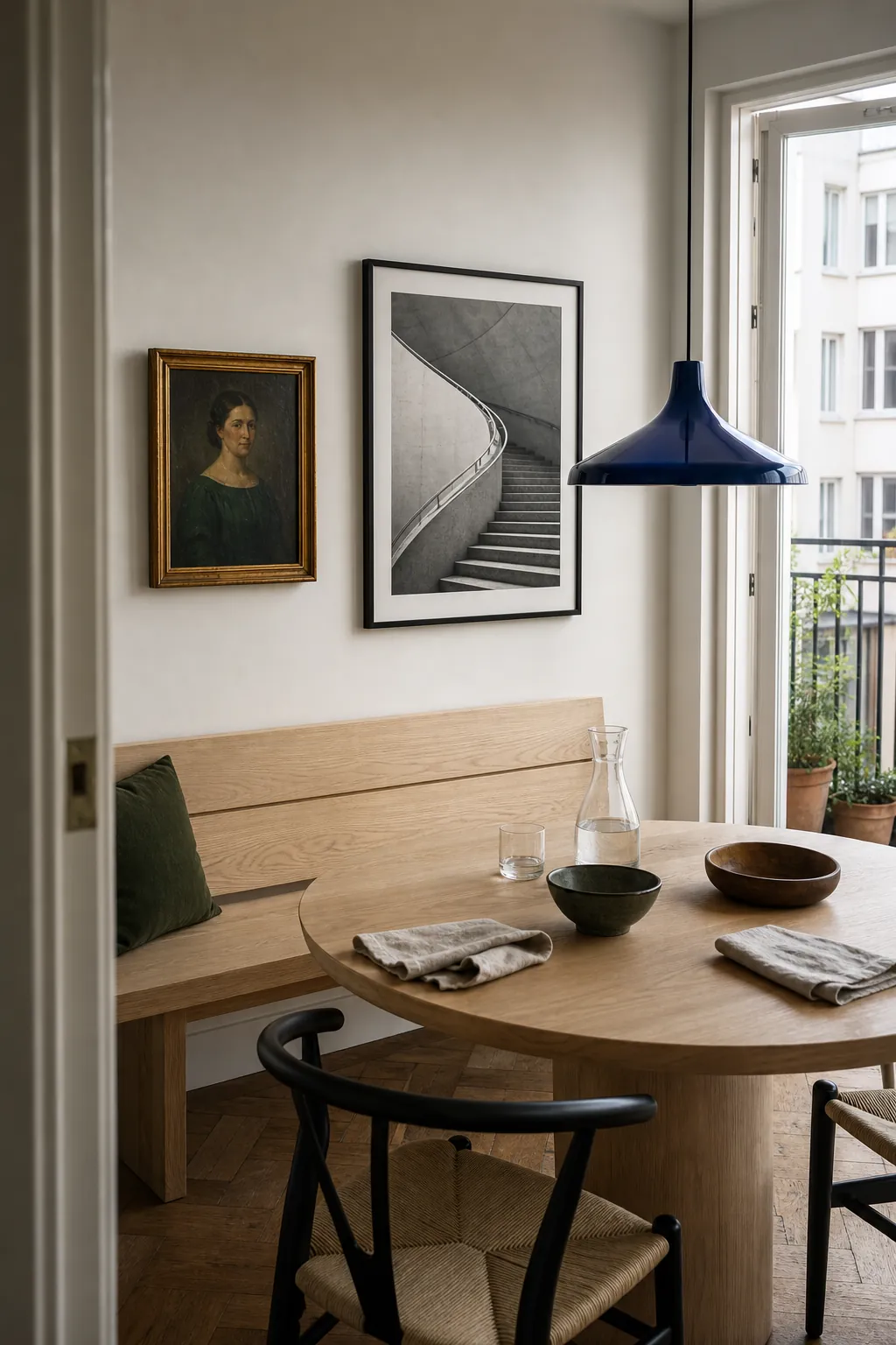 Antique portrait paired with contemporary photography and a modern dining lamp