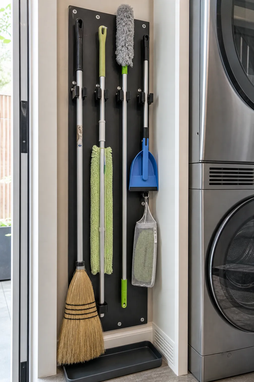 Broom and mop handles secured in a narrow tiny house utility bay