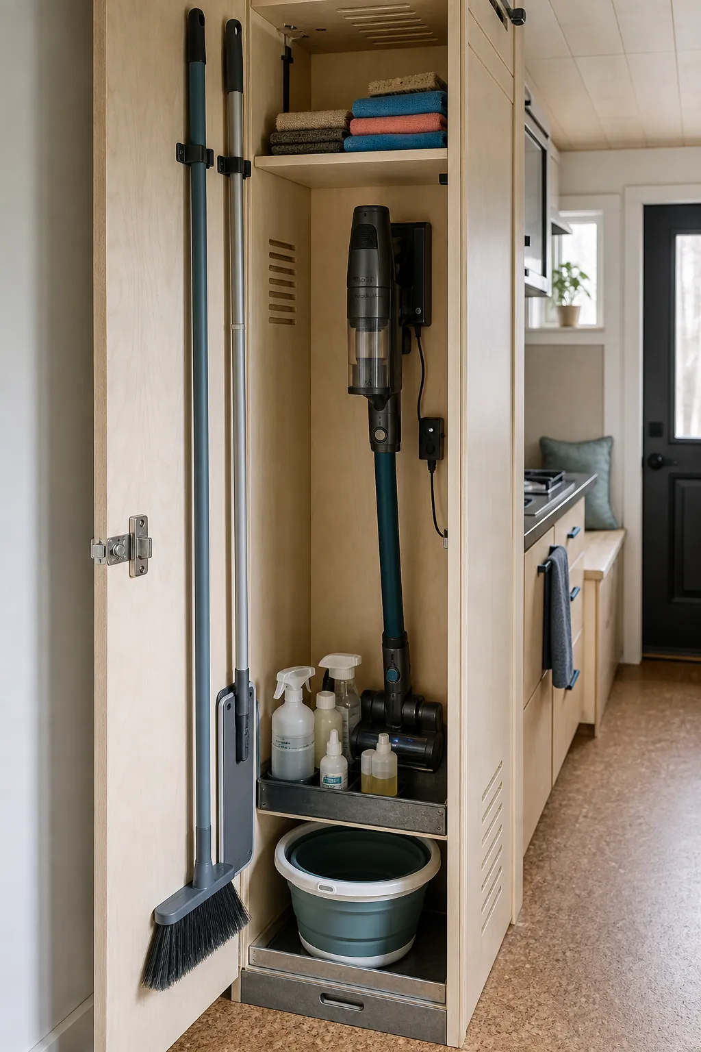 Organized tiny house cleaning cabinet with practical everyday supplies