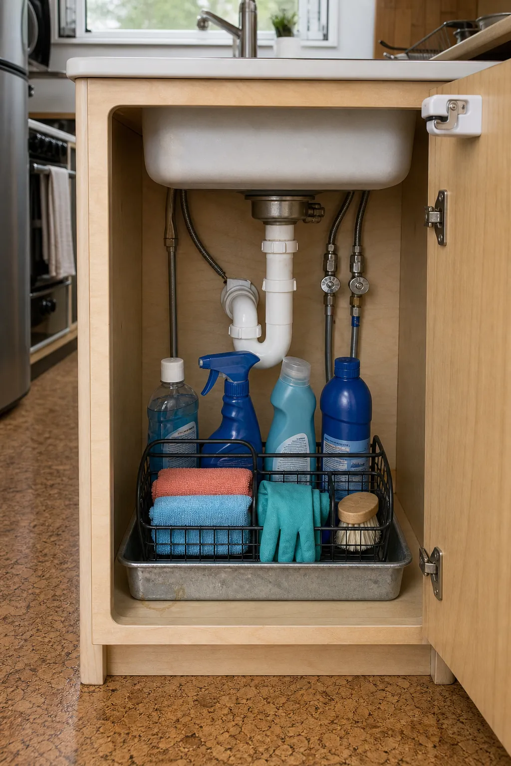 Small labeled cleaning caddy organized safely under a tiny house kitchen sink