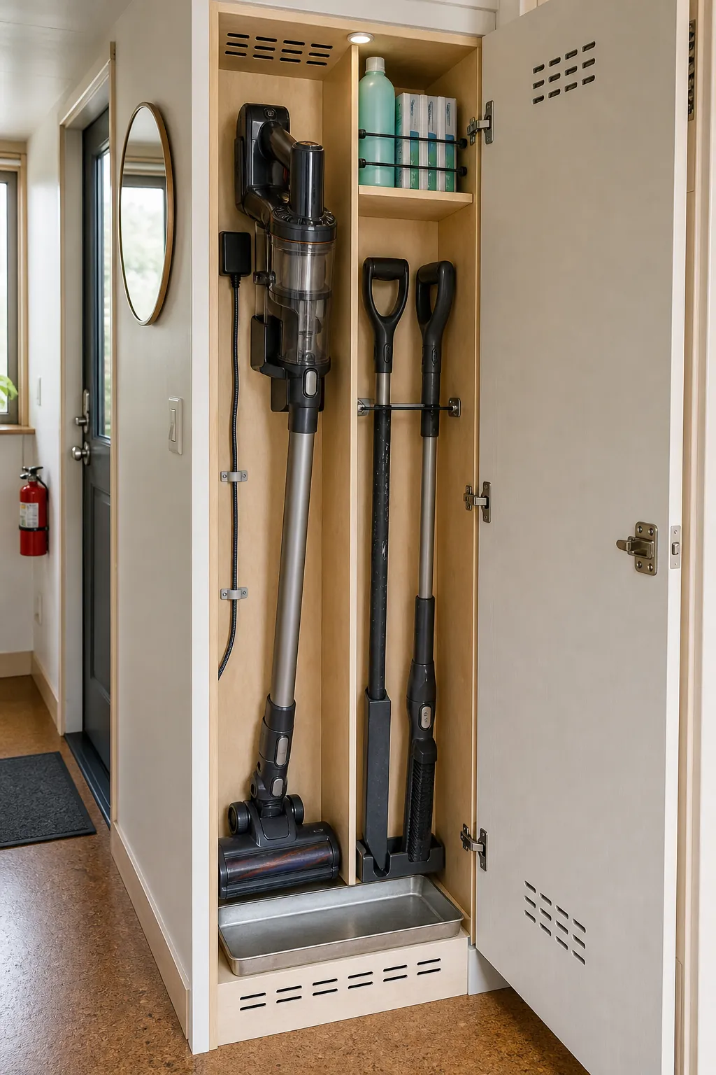 Ventilated narrow cleaning cabinet with vacuum and tall tools in a tiny home