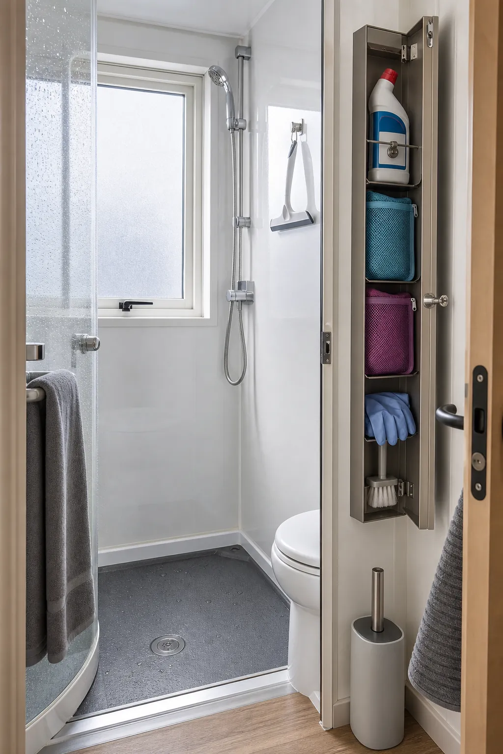 Compact bathroom-only cleaning supplies stored outside a tiny house wet zone