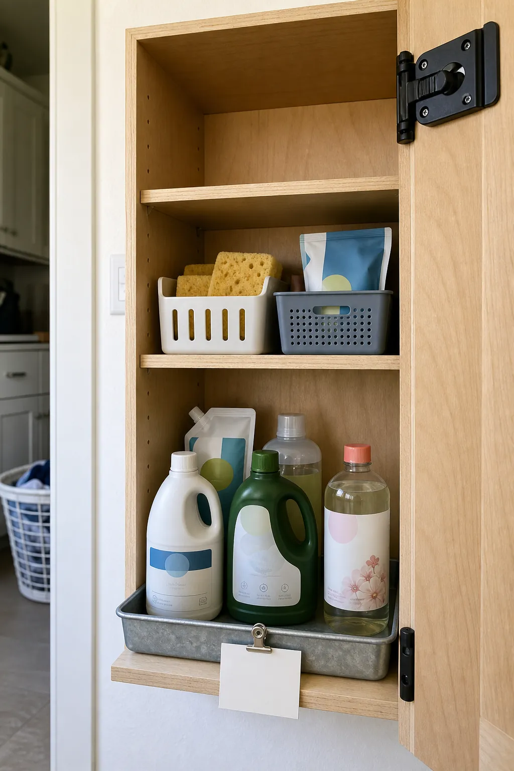 Secured low-volume refill shelf for tiny house cleaning supply storage
