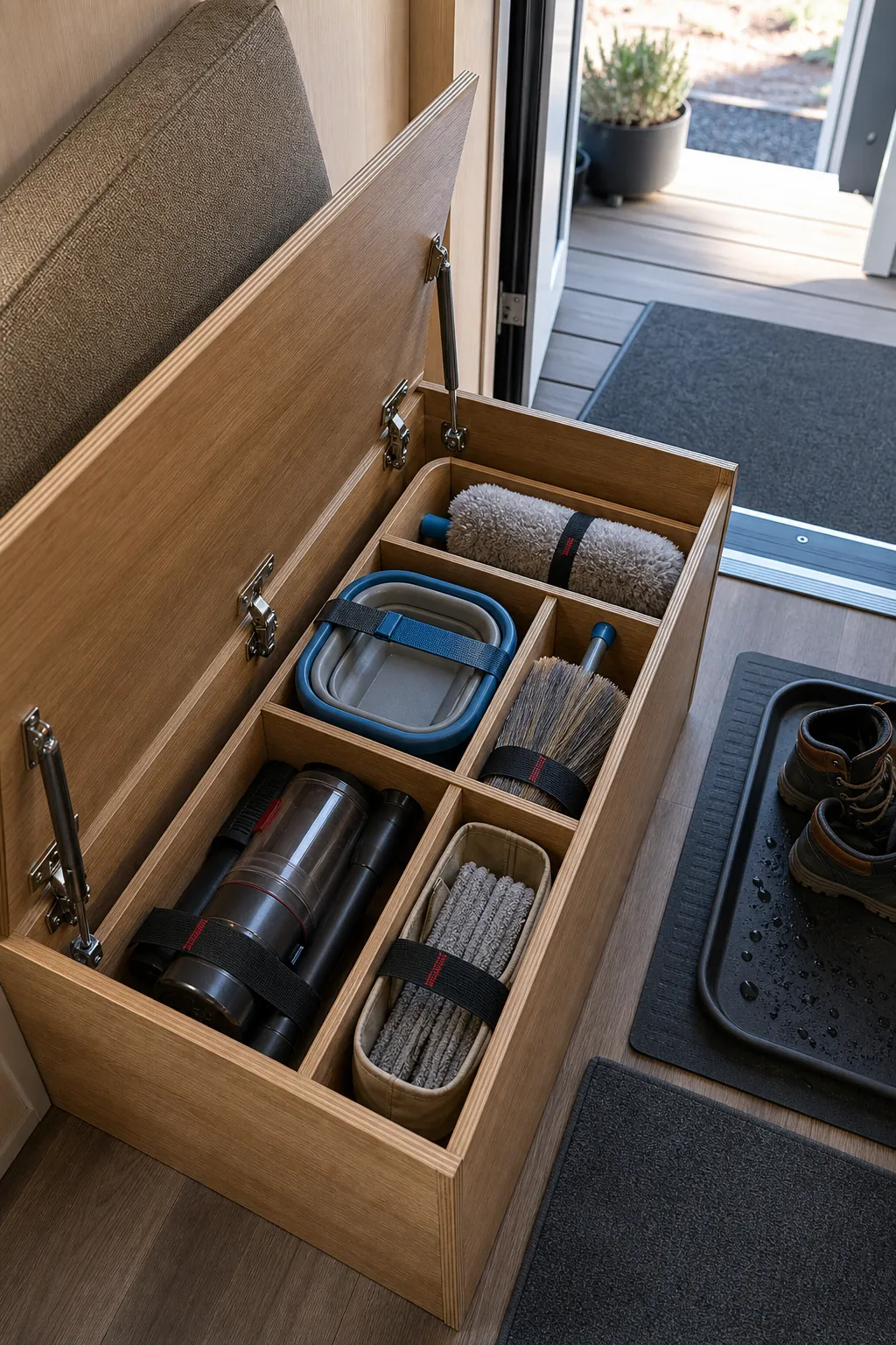 Dry cleaning tools organized inside a divided tiny house entry bench