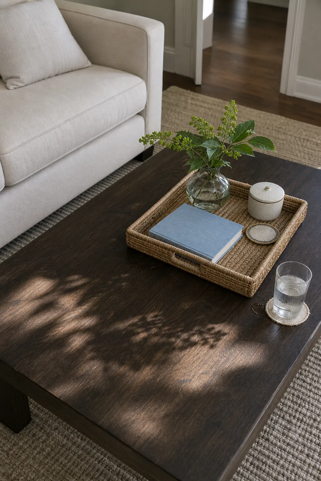 Simple summer coffee table decor with a woven tray, book, and clear glass vase