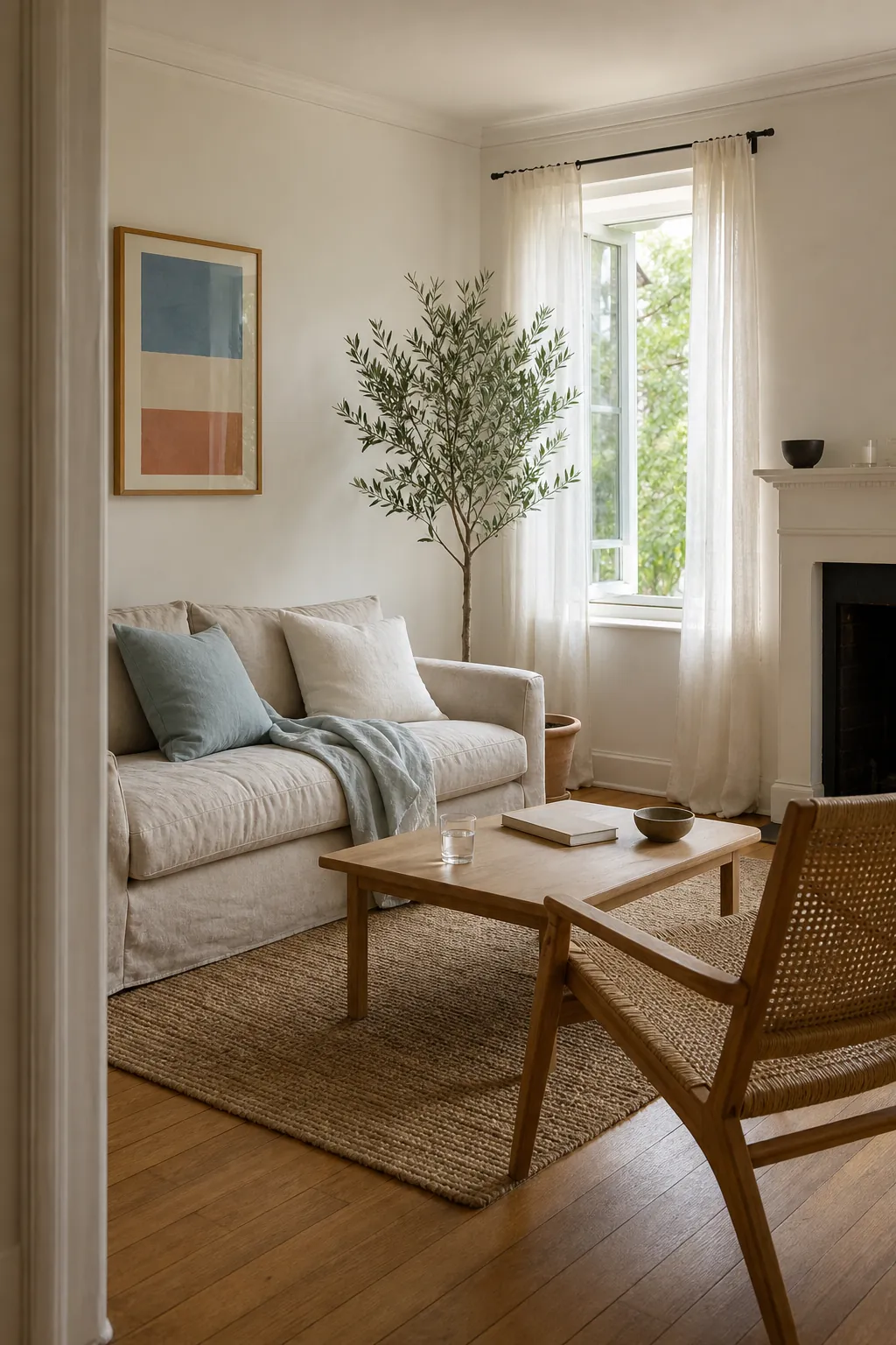 Airy summer living room with linen seating, natural textures, and soft daylight