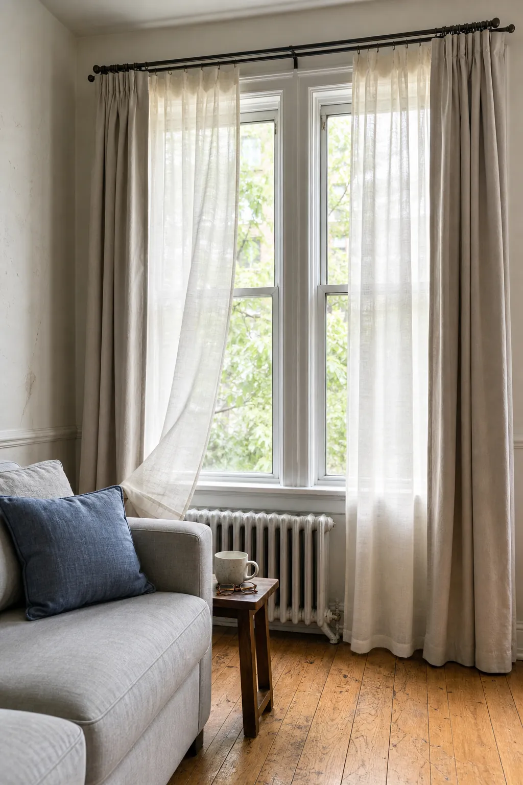 Light summer living room with sheer linen curtains and relaxed neutral seating