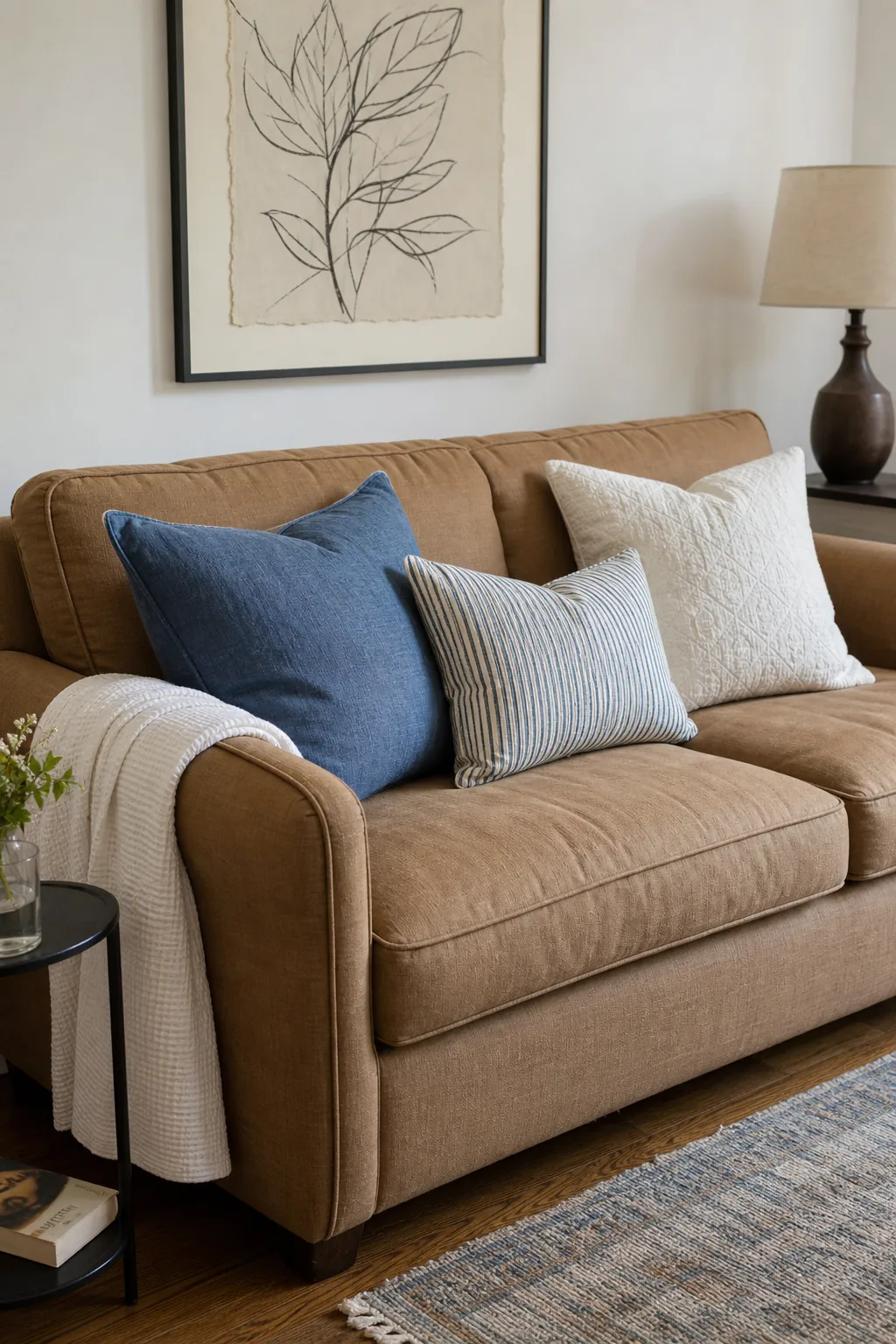 Summer sofa styled with breathable linen and cotton pillows in soft coastal colors
