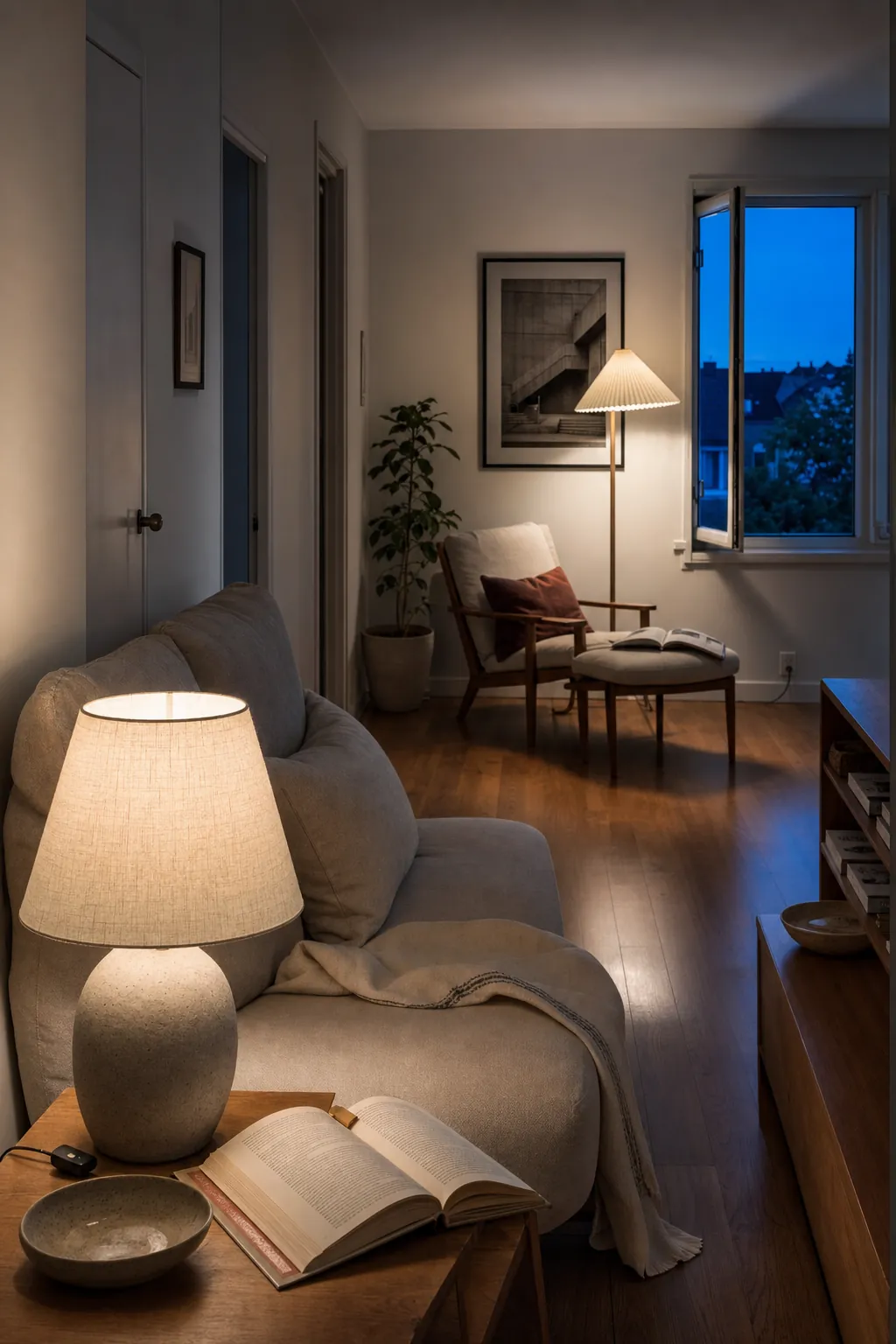 Calm summer living room at dusk with layered table and floor lamp lighting