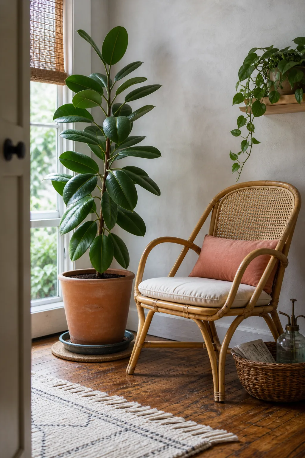 Relaxed living room corner with healthy greenery, a bamboo chair, and natural daylight