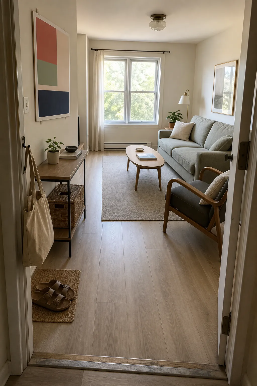 Small summer living room with an open walking path and renter-friendly layout