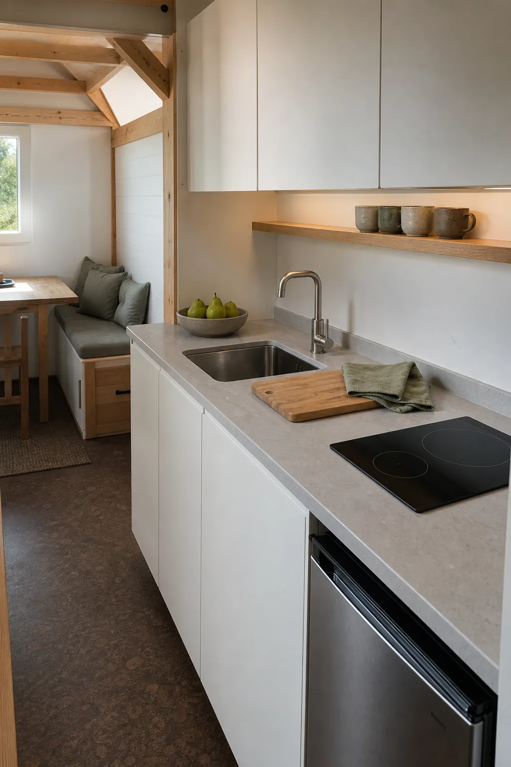 Calm and functional tiny home kitchen with clear counters