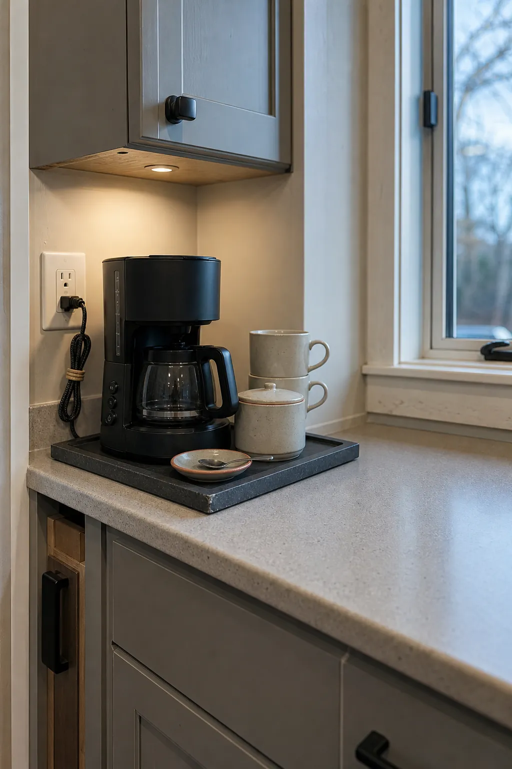 Compact kitchen with a contained daily coffee appliance station