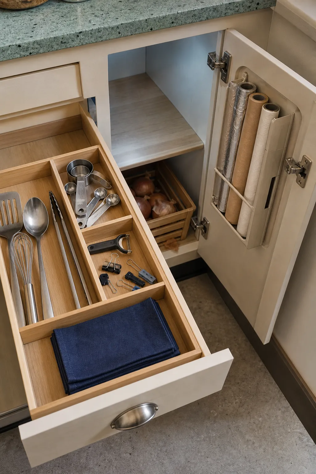 Organized compact kitchen drawer and cabinet storage with assigned homes