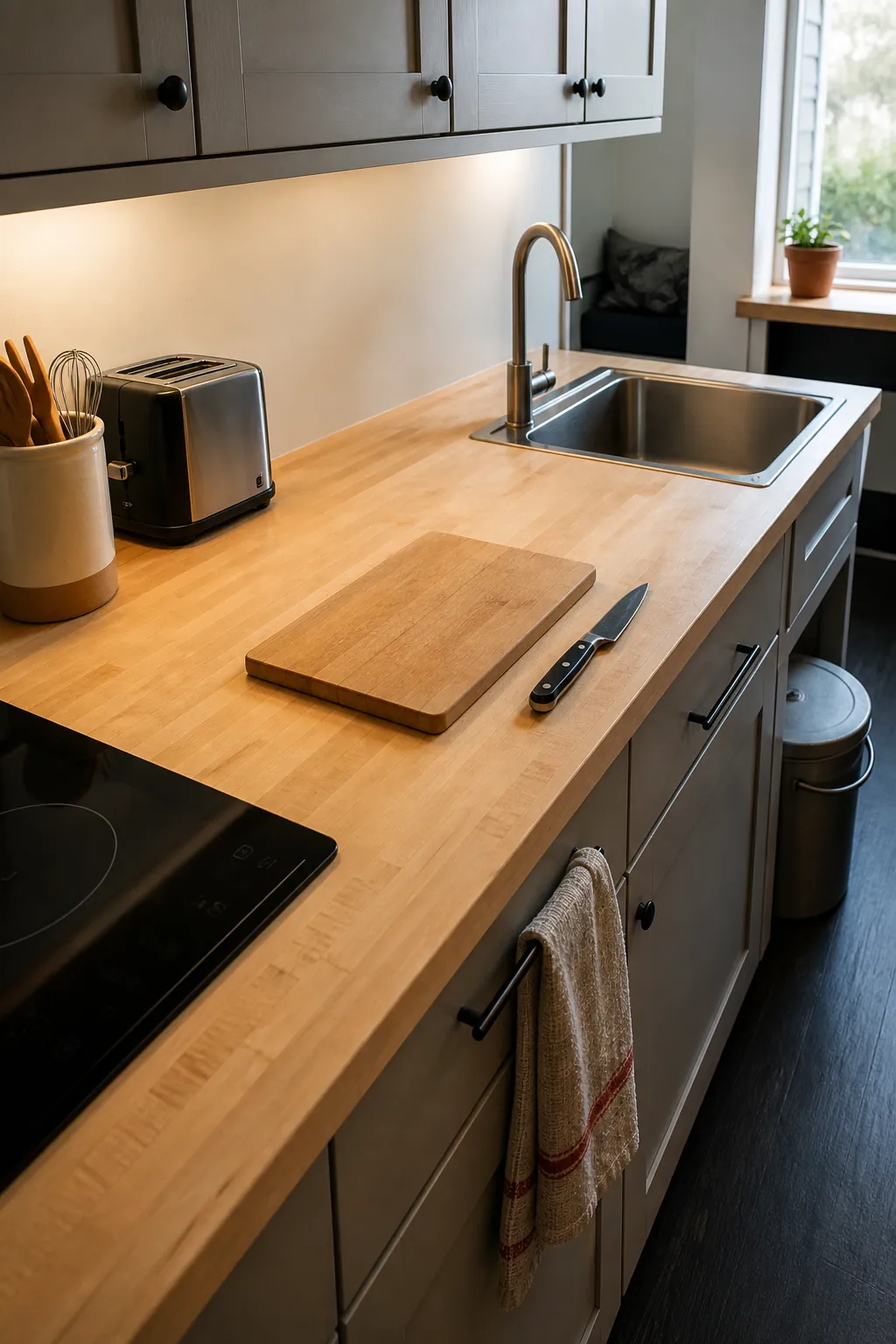 Tiny home kitchen with one clear and practical food preparation zone