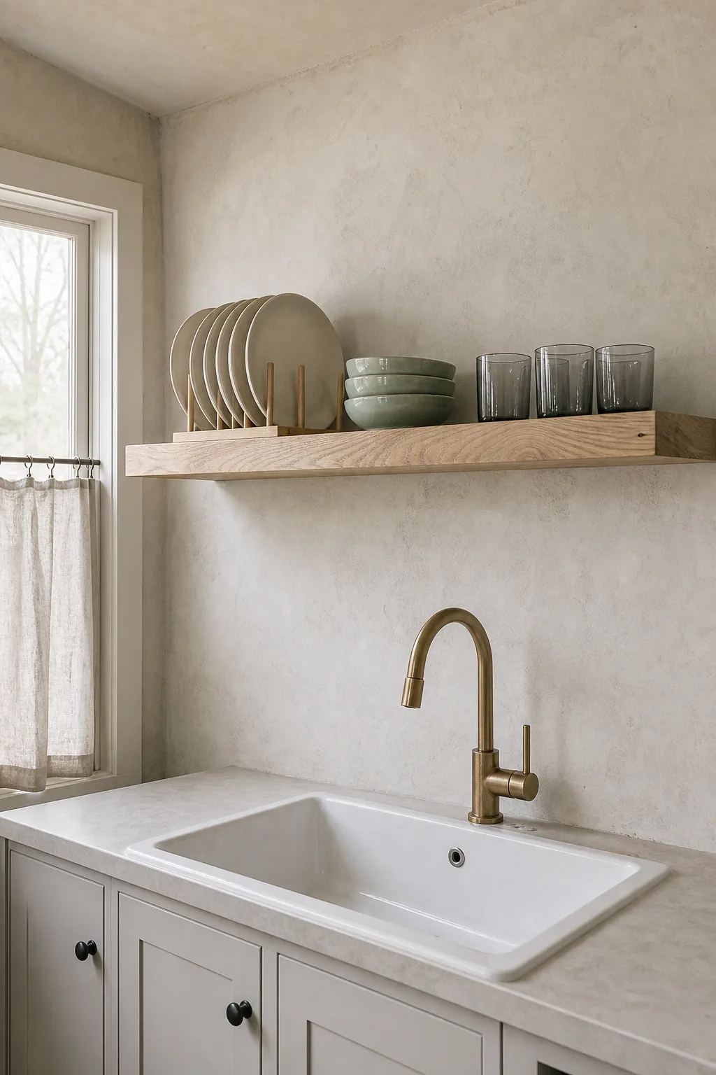 Tiny house kitchen with one lightly edited open shelf for daily dishes