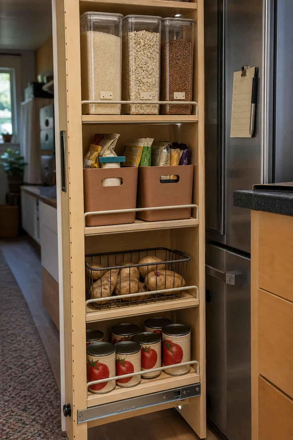 Compact pantry cabinet with calm bins and a few practical clear containers