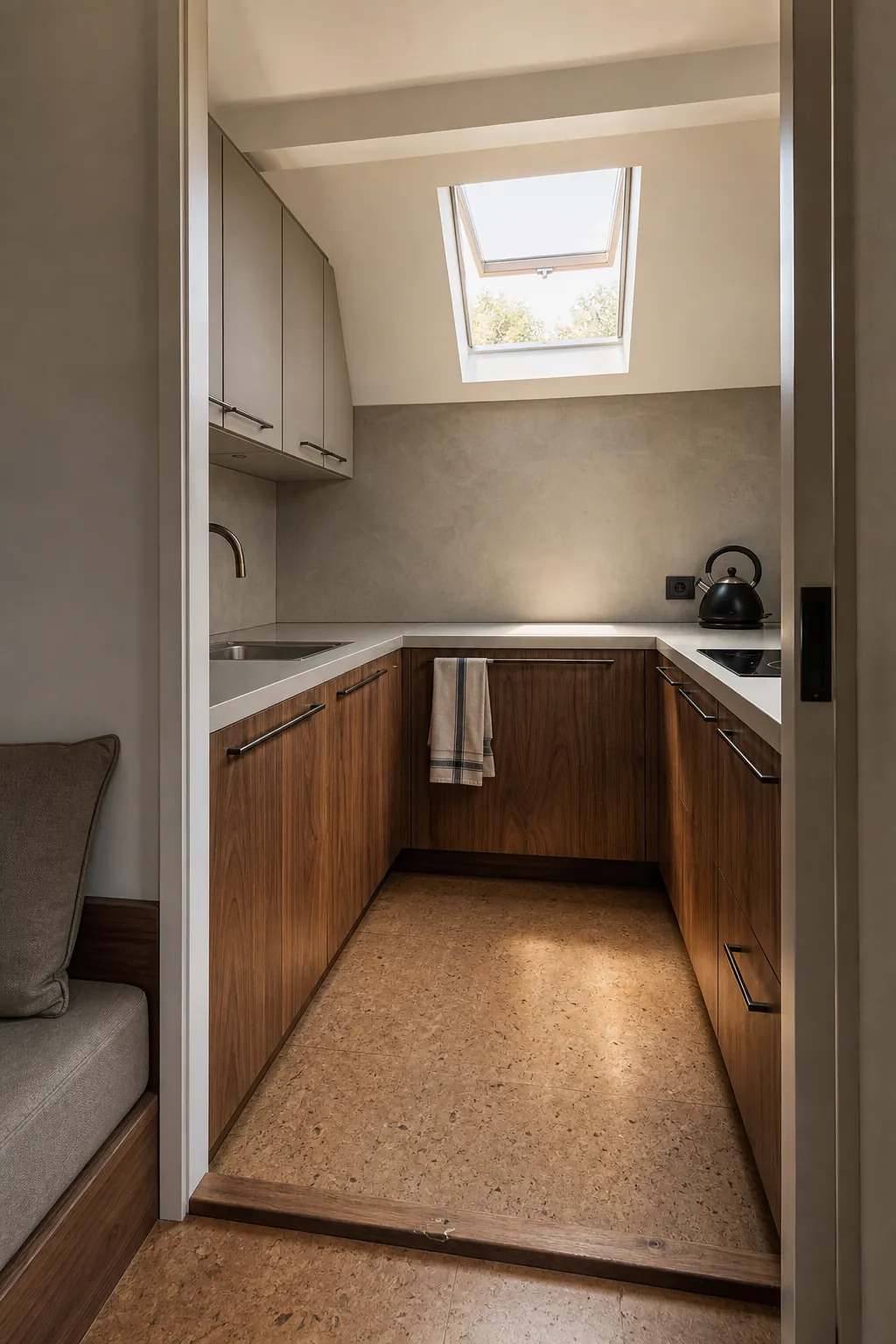 Tiny home kitchen styled with cohesive wood cabinets and quiet surfaces