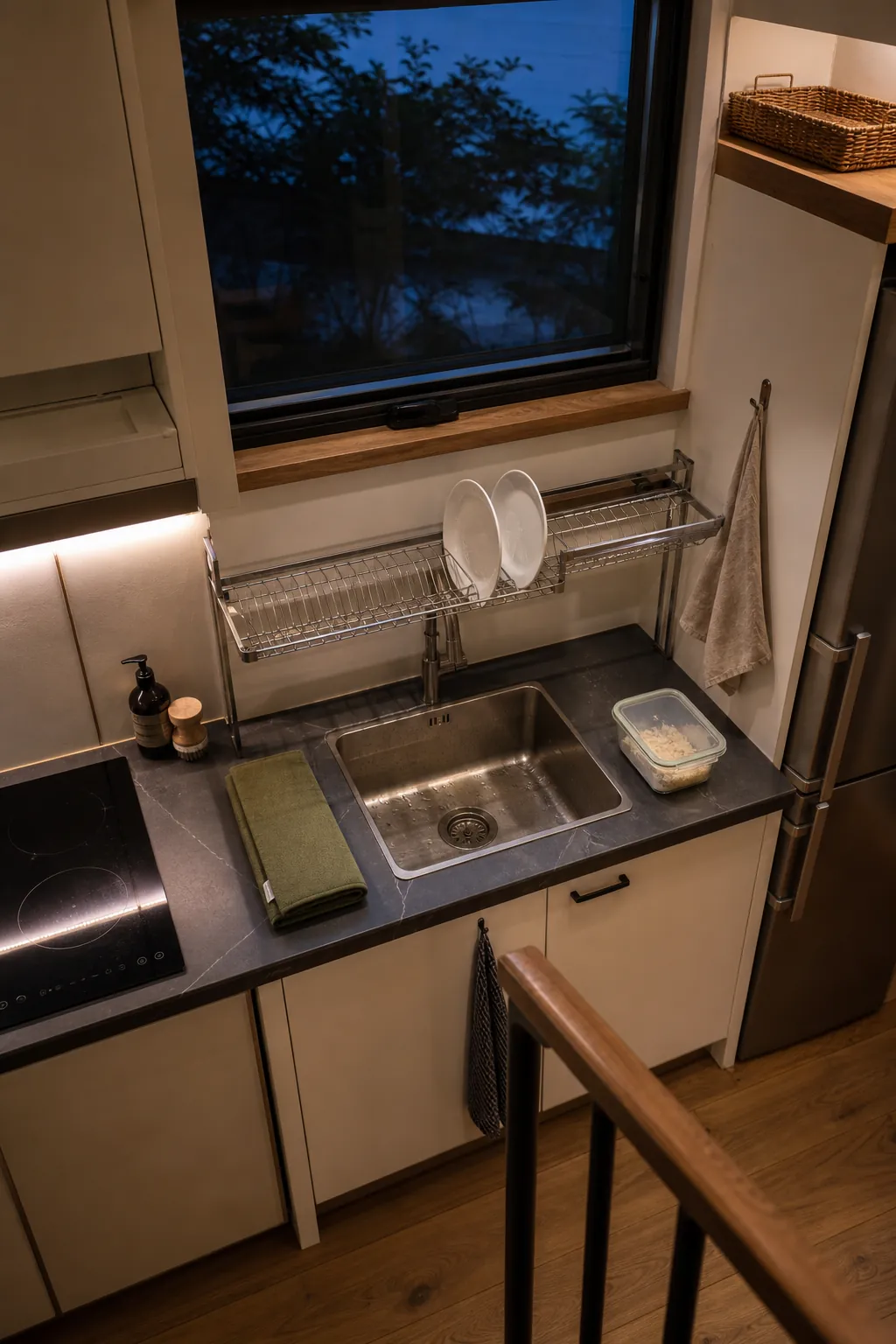 Calm tiny kitchen after a practical five minute evening reset