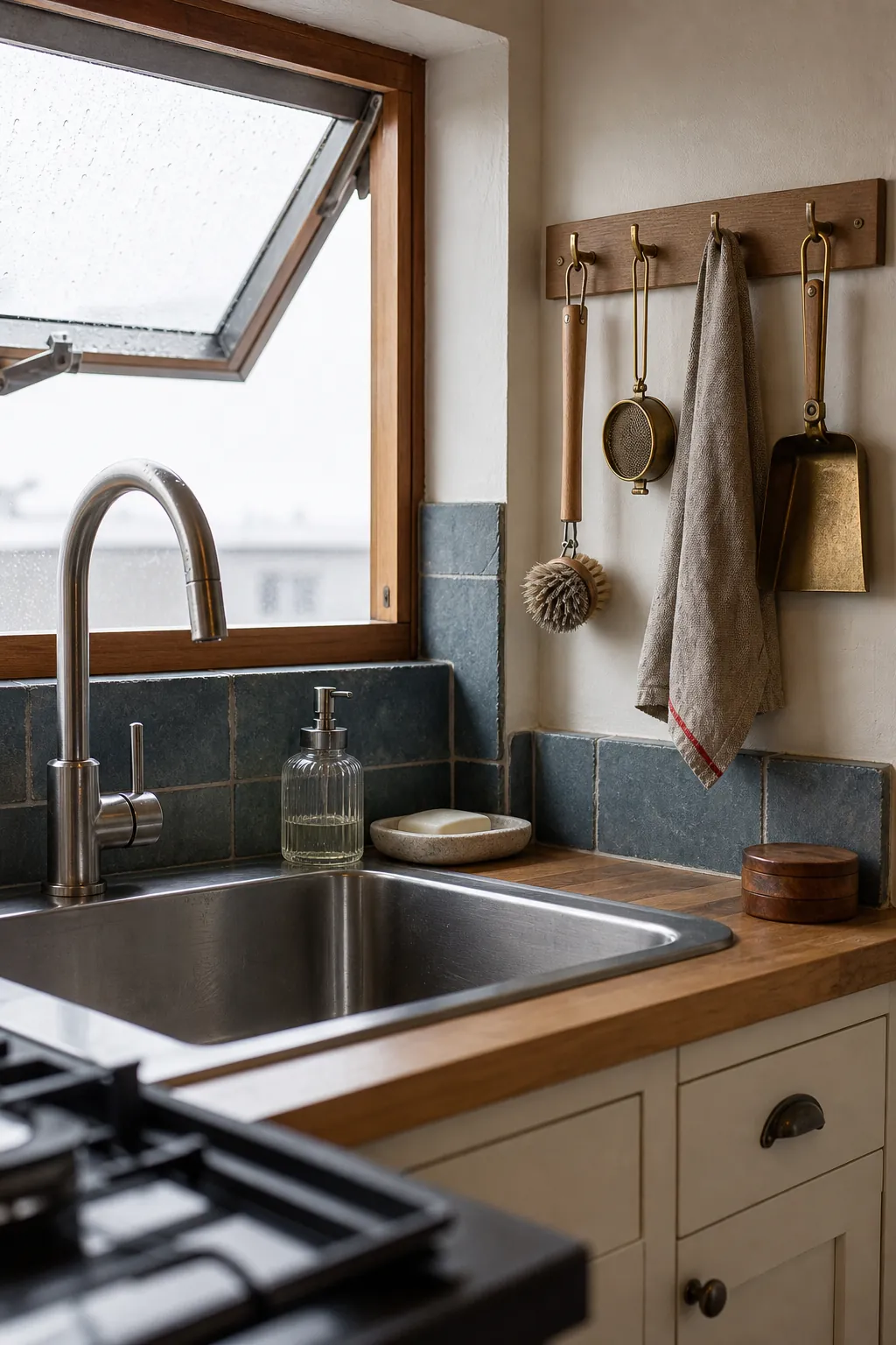 Tiny kitchen sink route kept clear with practical vertical storage