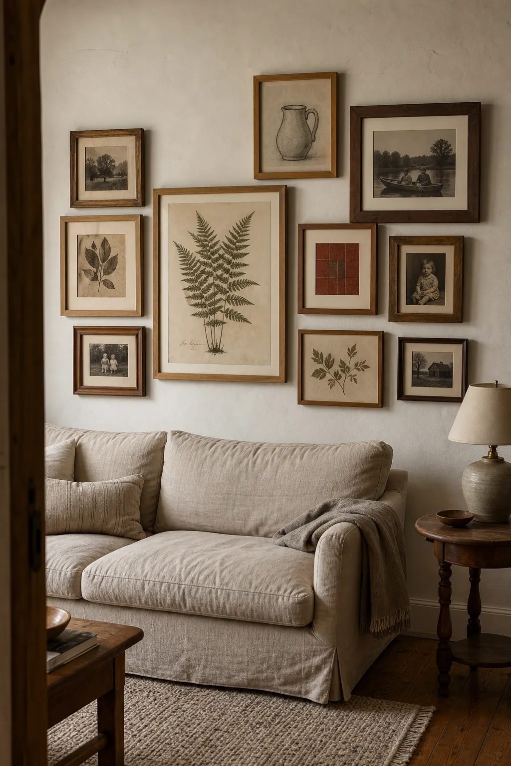 Warm rustic gallery wall with mixed wood frames above a linen sofa