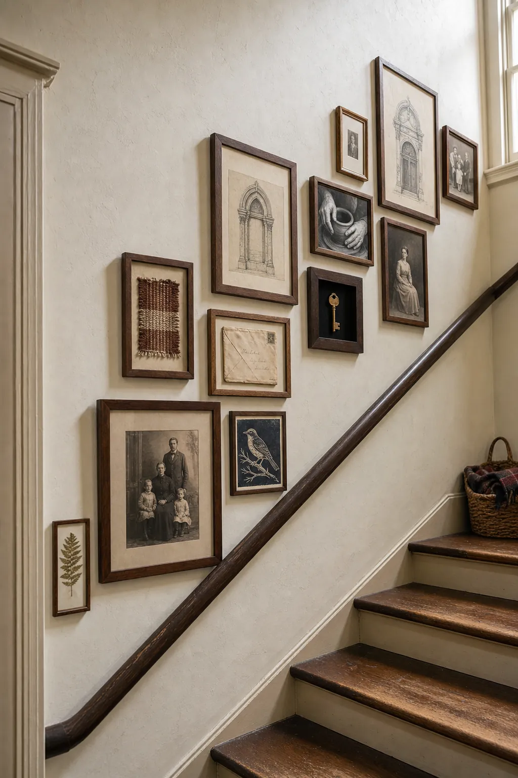 Collected rustic staircase gallery wall with family photographs letters and architectural sketches